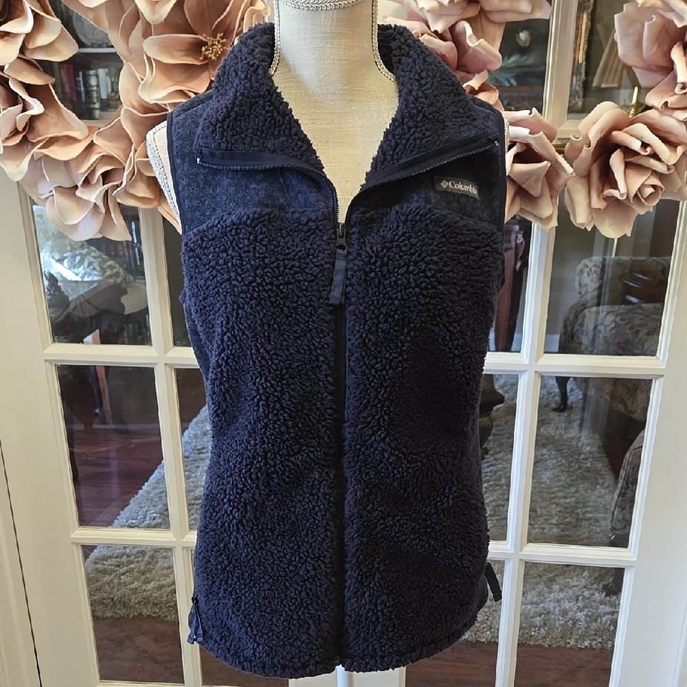 Columbia Sportswear Navy Fleece Vest Full Zip Front 2 Zipper Pockets Medium EUC